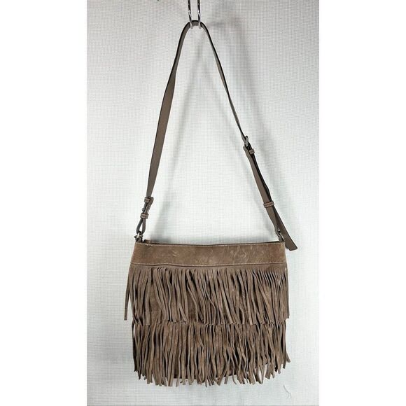 Michael Kors Billy Fringe Boho Crossbody Bag Taupe Suede Studded Western Style - Picture 12 of 16